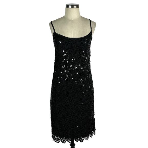 MAGGY LONDON Black Floral Sequin Mini Bodycon Slip Dress Women's Size 4 NWOT - Picture 1 of 6